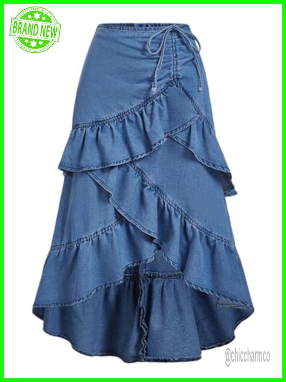 Ruffle Long Jean Maxi Skirt Western Fall Asymmetrical Denim